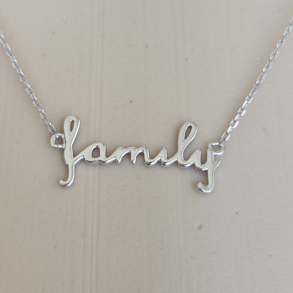 925 Sterling Silver Necklace "Family" & Clear Rhinestone Dainty Minimalist - Picture 4 of 7
